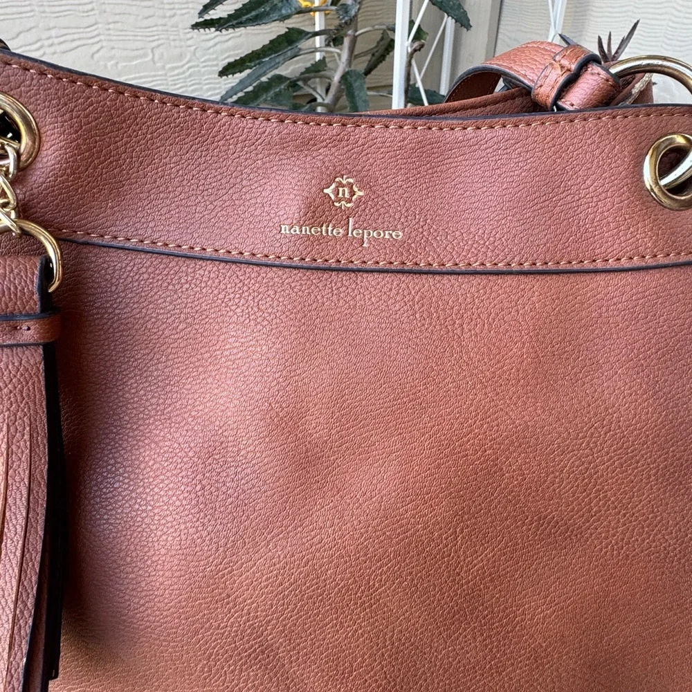 Nanette Lepore Pebbled Leather Tassel Tote Brown Boho Chic Animal Print Classic - Picture 5 of 14